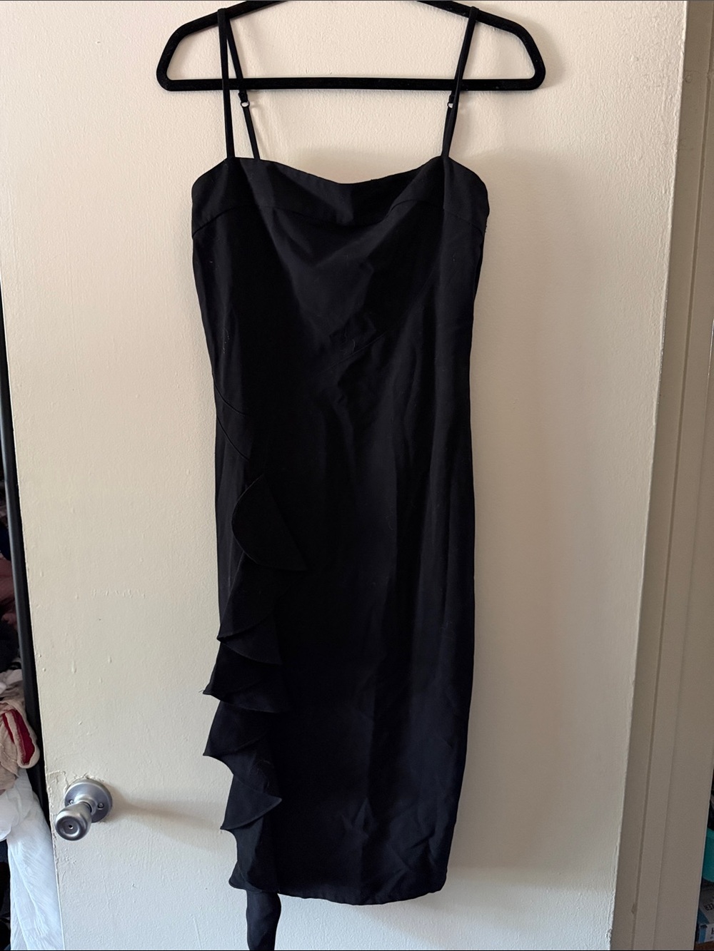 Black Ruffle-Trim Spaghetti-Strap Midi Dress